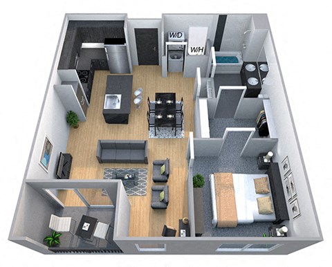 Floor plan for 1 bed, 1 bath, 896 sqft